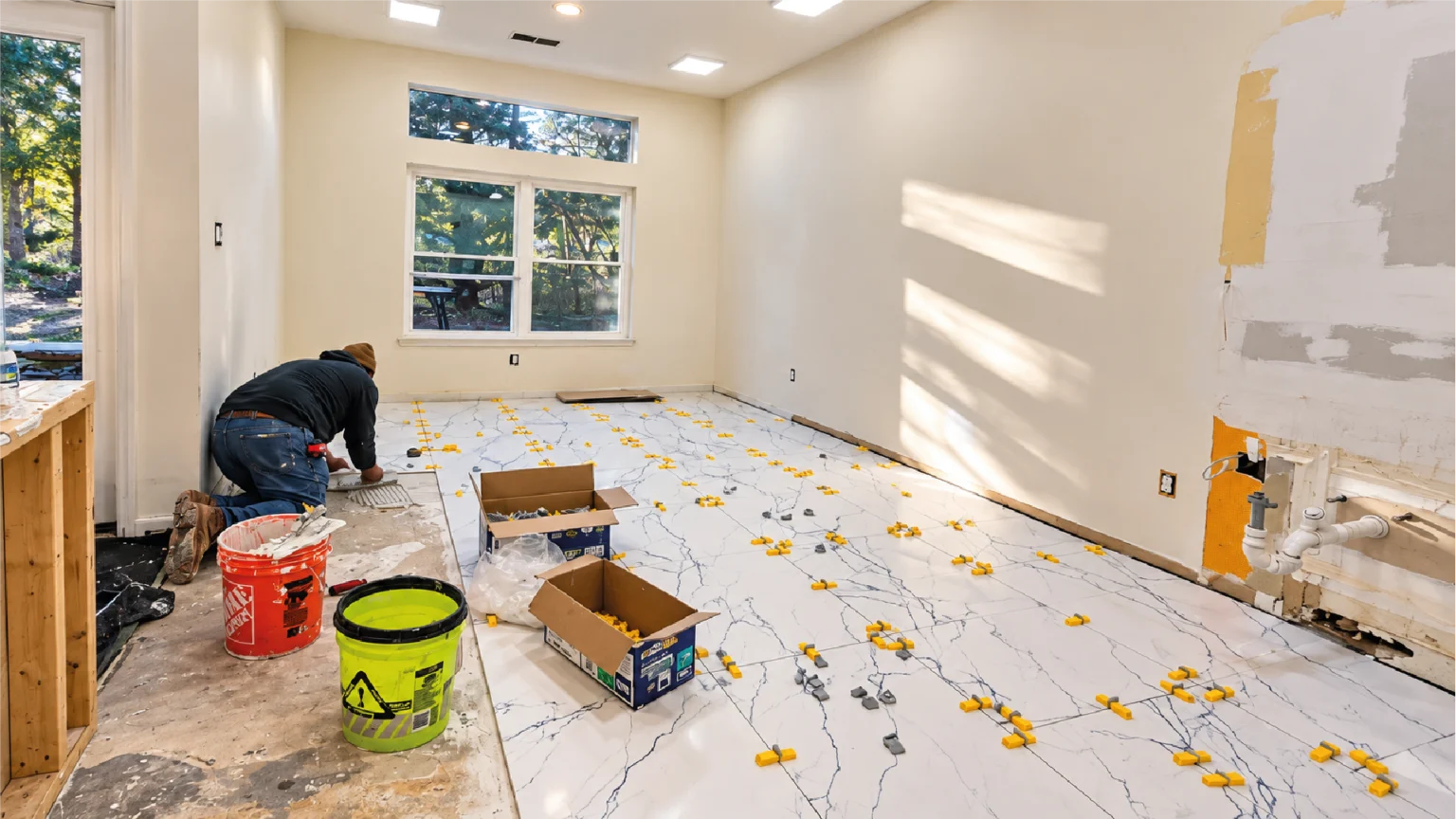 Tikal Empire installer setting large-format porcelain tile with a leveling system